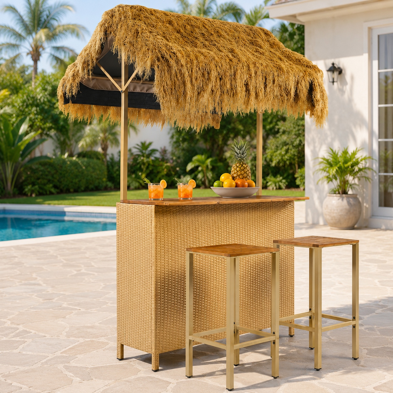 Outdoor Bar Set with Grass Canopy, 2-Seat Patio Bar Table And Stools, Bar Height Outdoor Dining Set, Adjustable Feet Design, Built-In Storage Space, Tiki Bar Furniture for Backyard Poolside Garden Deck Porch Balcony
