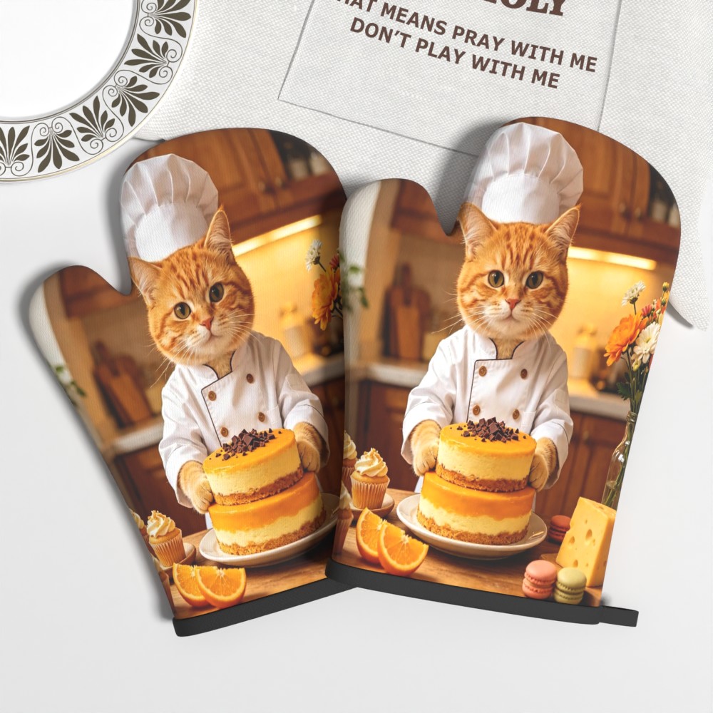 TEMU 2pcs 10.6*6.7in Cute Cat Print Oven Mitts Good Heat Insulation And Non Slip Performance For Party Carnival Daily Kitchen Holiday Gifting