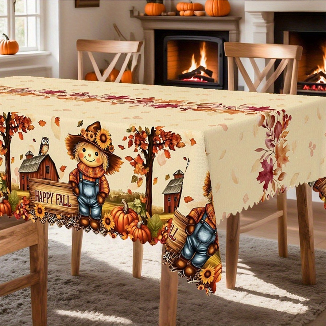 TEMU 1pc Tablecloth Autumn, Farmhouse Style, Rustic Table Runner, Creamy White Decor, And Pumpkin And House Pattern, Country, Traditional Style,