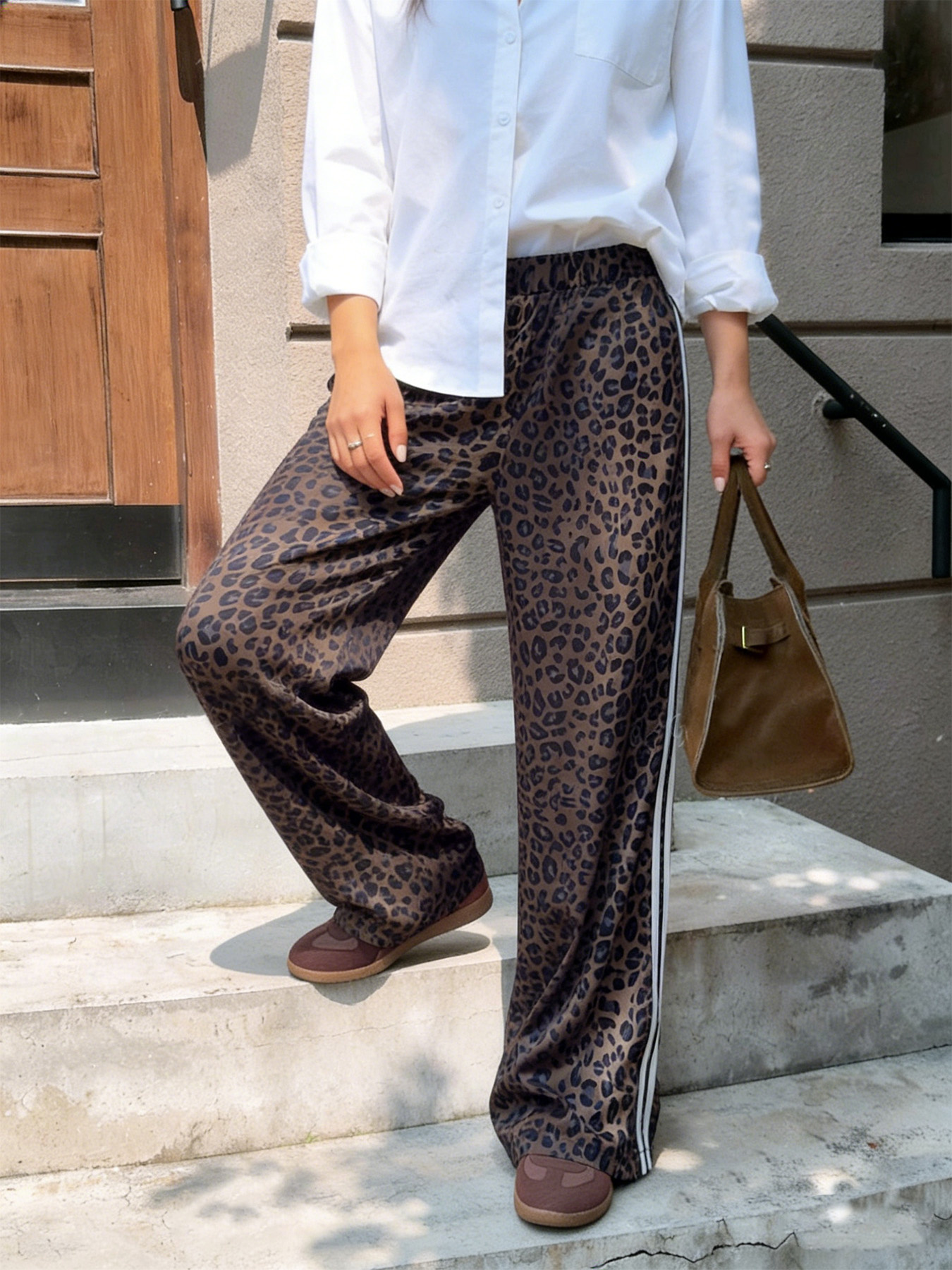 womens s xl size long pants fashionable classic loose straight leg trousers for women with webbing side   vintage   outfits for spring summer and spring   with random leopard print texture suitable for daily