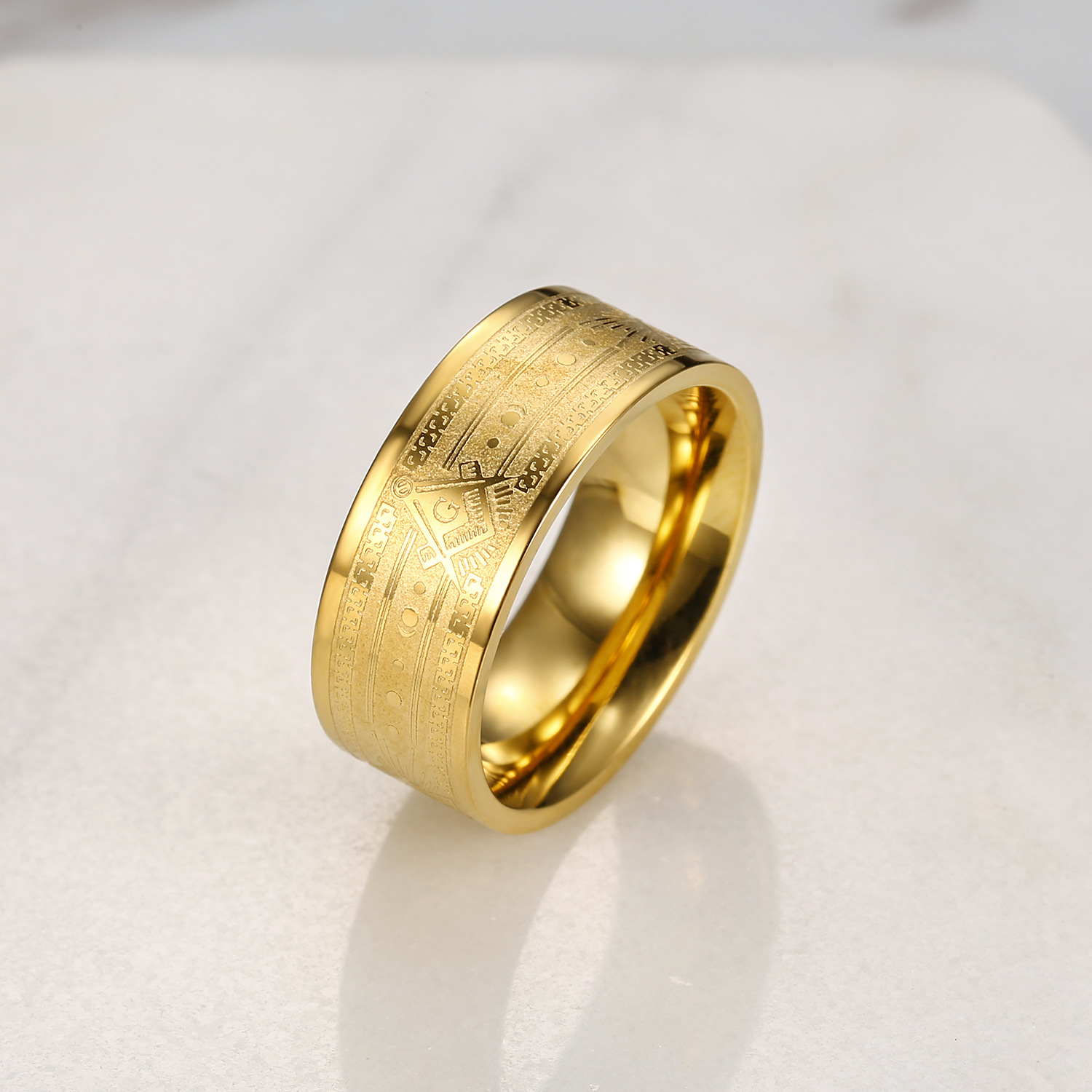 Image of Golden 304l Stainless Steel Mystical Symbol Laser Engraved Band Ring For Men, Trendy Fashion Style Wide Band, Minimalist Fashion Accessory