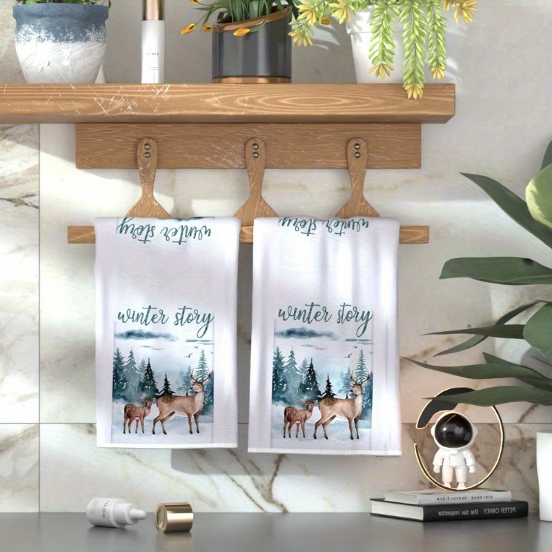 2pcs cozy winter deer towels - 45.72x66.04cm soft polyester, machine washable, versatile for kitchen & bathroom decor with elegant deer design - ideal gift, deer bathroom decor details 0