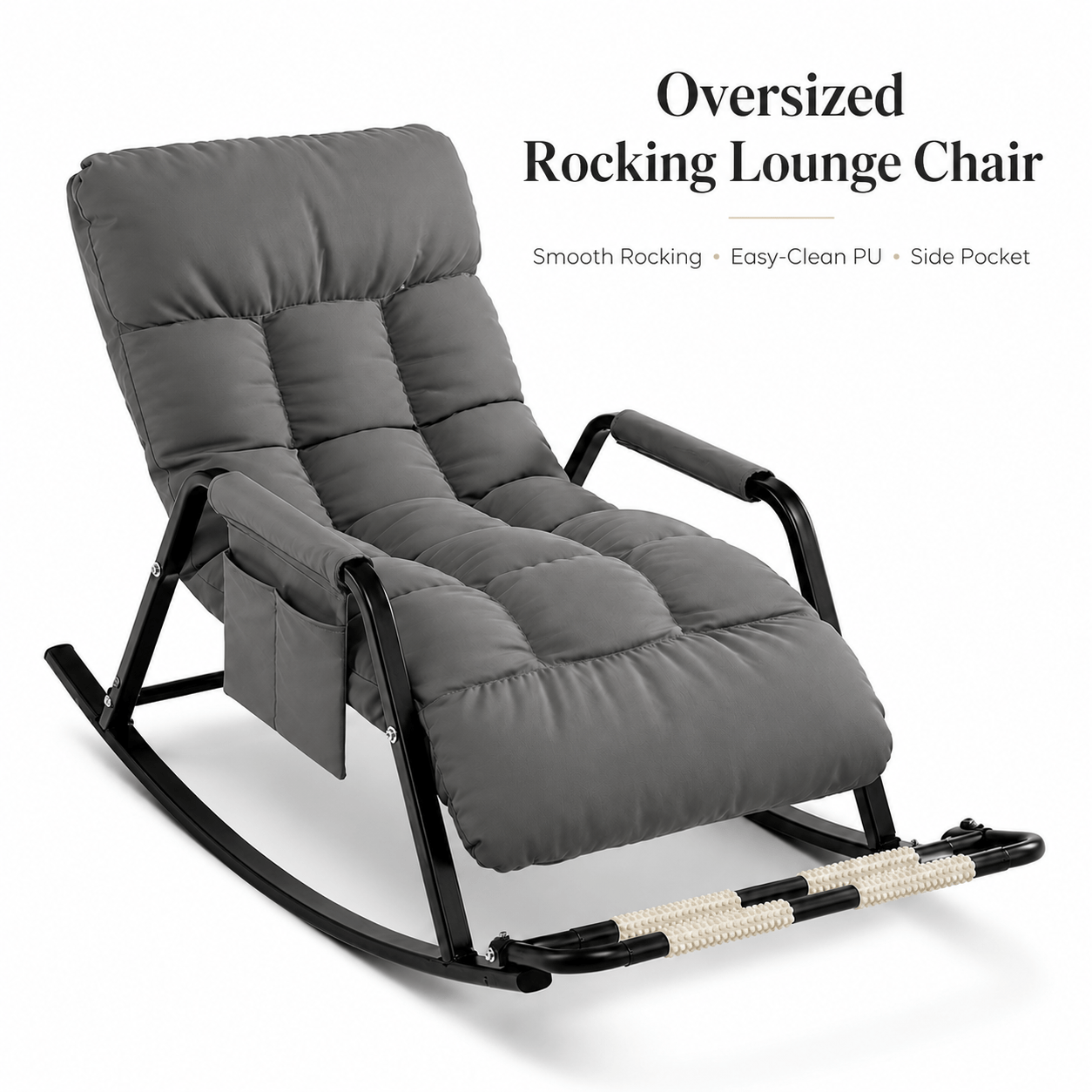 Image of Grey Faux Rocking Chair With Thick Padding, Single Recliner With Storage Pockets And Sturdy Metal Anti-slip Base, Comfortable Accent Rocker For Living Room Bedroom Balcony