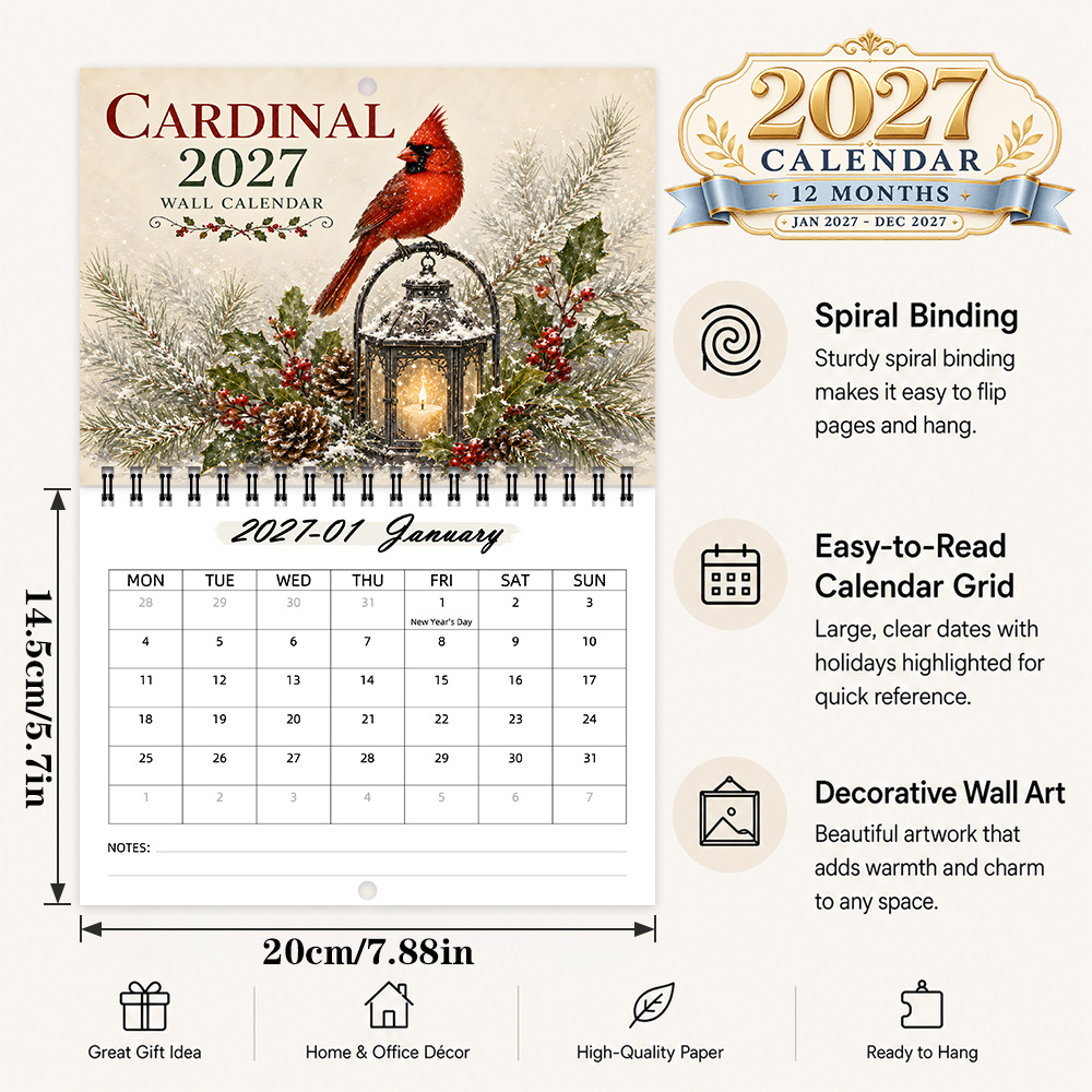 TEMU 1pc Winter Theme, , 12-month Planning Calendar, Double Spiral Hanging Calendar, Red Bird And Snowy Branch Illustration, Christmas Gift, New Year