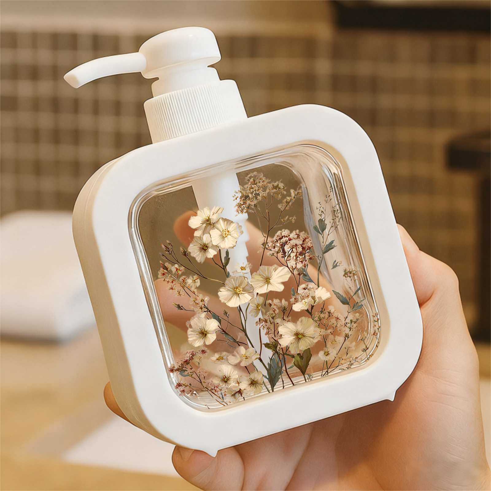 Image of Vintage Moisturizing Soap Pump Bottle - Romantic Botanical Soap Dispenser, Aged Aesthetic Poppy-inspired Hand Soap Dispenser For Sink Decor