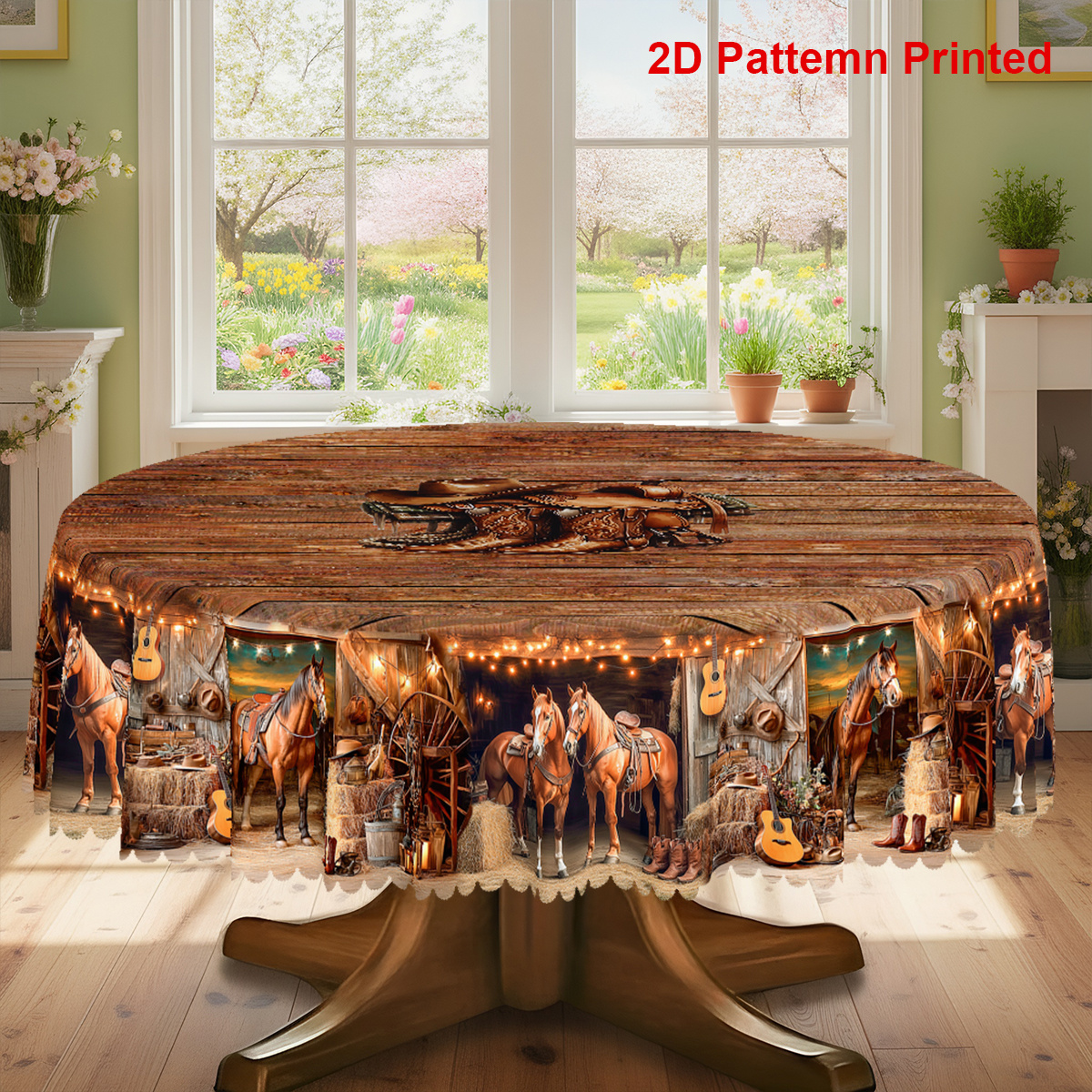 TEMU 1pc, Horse Themed Party Tablecloth, Vintage Horse Guitar Cowboy Hat Farmhouse Style Printed Design, Rectangular/round/oval Table Cloth, Embossed