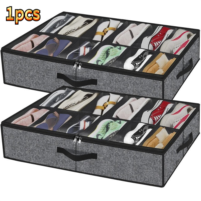 TEMU 1pc 12-compartment Under-bed Shoe Storage Box With Transparent Window, Foldable Fabric Shoe Organizer, Dustproof And Large Capacity Under-bed