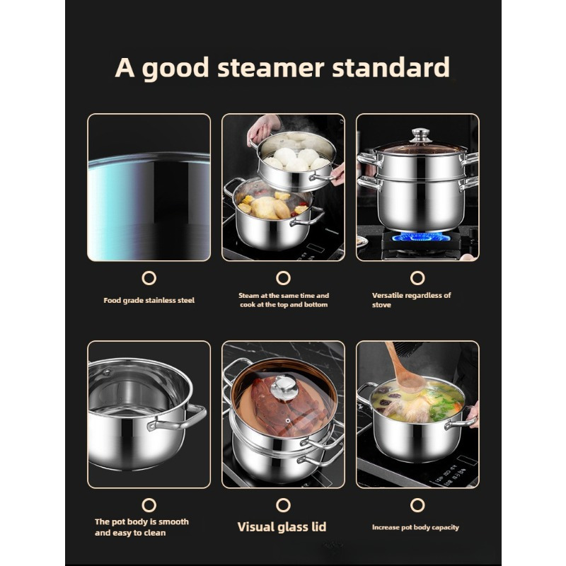 1pc stainless steel steamer pot with dual layer steamer basket 8 6in multi purpose induction cooktop and gas stove compatible thickened household soup pot for cooking deep frying hot pot kitchen cooking tools details 1