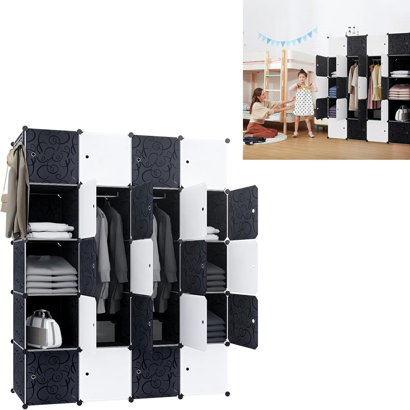 TEMU Pp Plastic Wardrobe, 20 Cubic Shelves, With 2 Hanging Rods, For Storing Clothes, Books, Toys, 145 X 178 X 37cm
