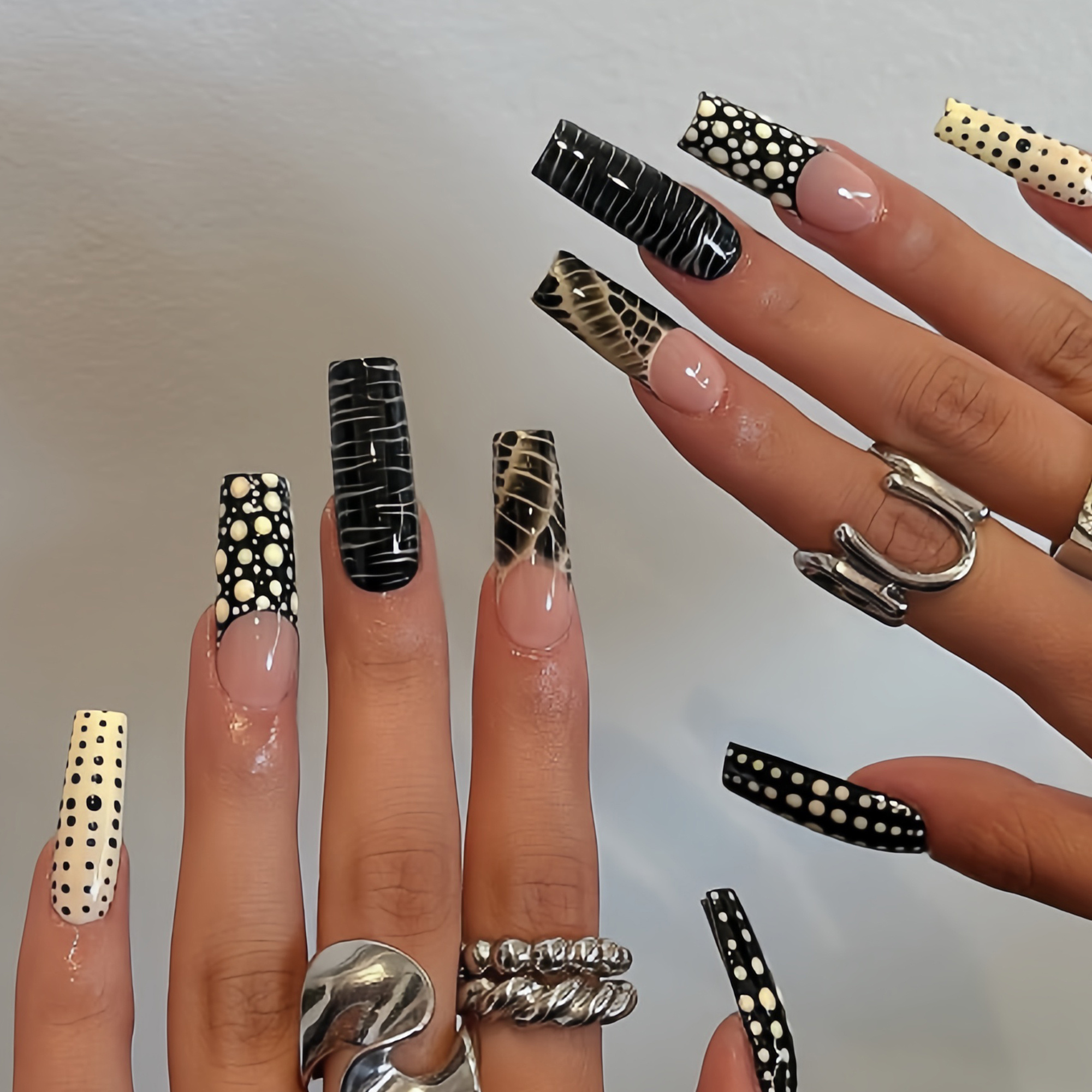 TEMU Showcase Your Beauty 24pcs Long Tube Nails Elegant Cool Print Polka Dot Striped Black And White Ombre Glossy Press-on Nails Fashion Versatile