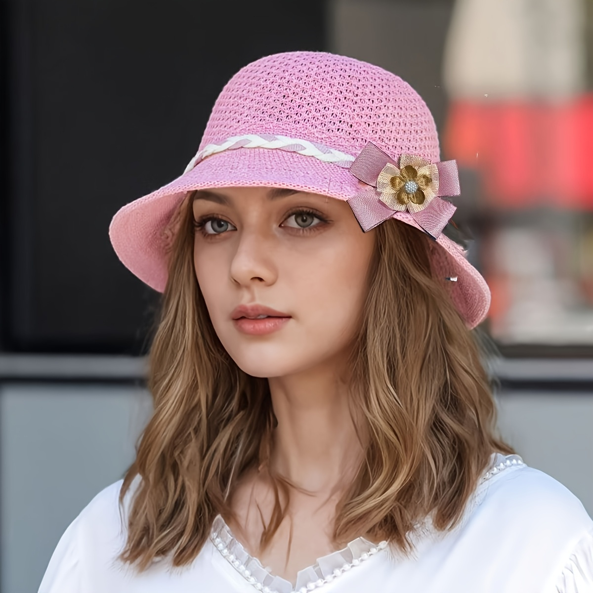 an elegant womens floral decorative straw hat breathable - Temu display picture 1