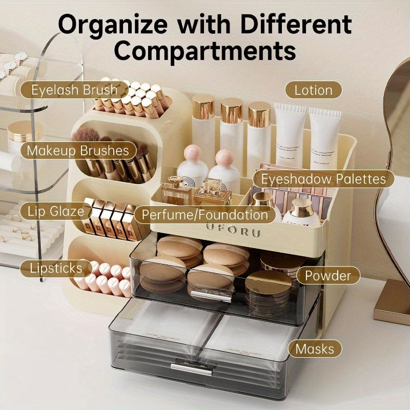 makeup organizer vanity with brush holder, countertop organizer with 2 drawers,   cosmetic display  , skincare, lipstick, makeup organizer with  , cosmetics storage organizer, makeup storage box, makeup organizers and storage, skincare storage, compact beauty display, modern vanity tray, lightweight storage solution, rustresistant organizer, makeup brush holder, skincare routine, makeup artists Product details 4