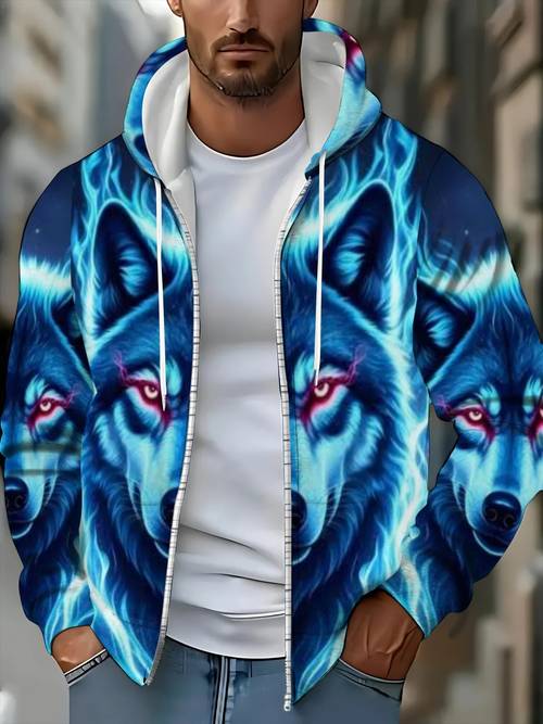 sweat à capuche zippé pour homme avec imprimé et flamme bleue, convient pour une tenue décontractée dextérieur et un , taille