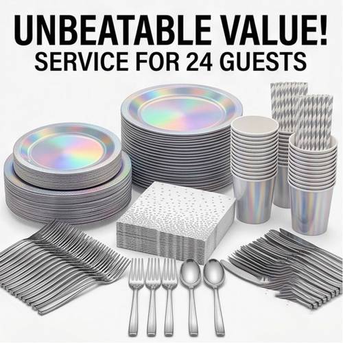 168pcs holographic iridescent party supplies suitable for 24 guests disposable tableware plates cups napkins cutlery with holographic plates cups napkins cutlery for birthday wedding disco decorations paper table setting