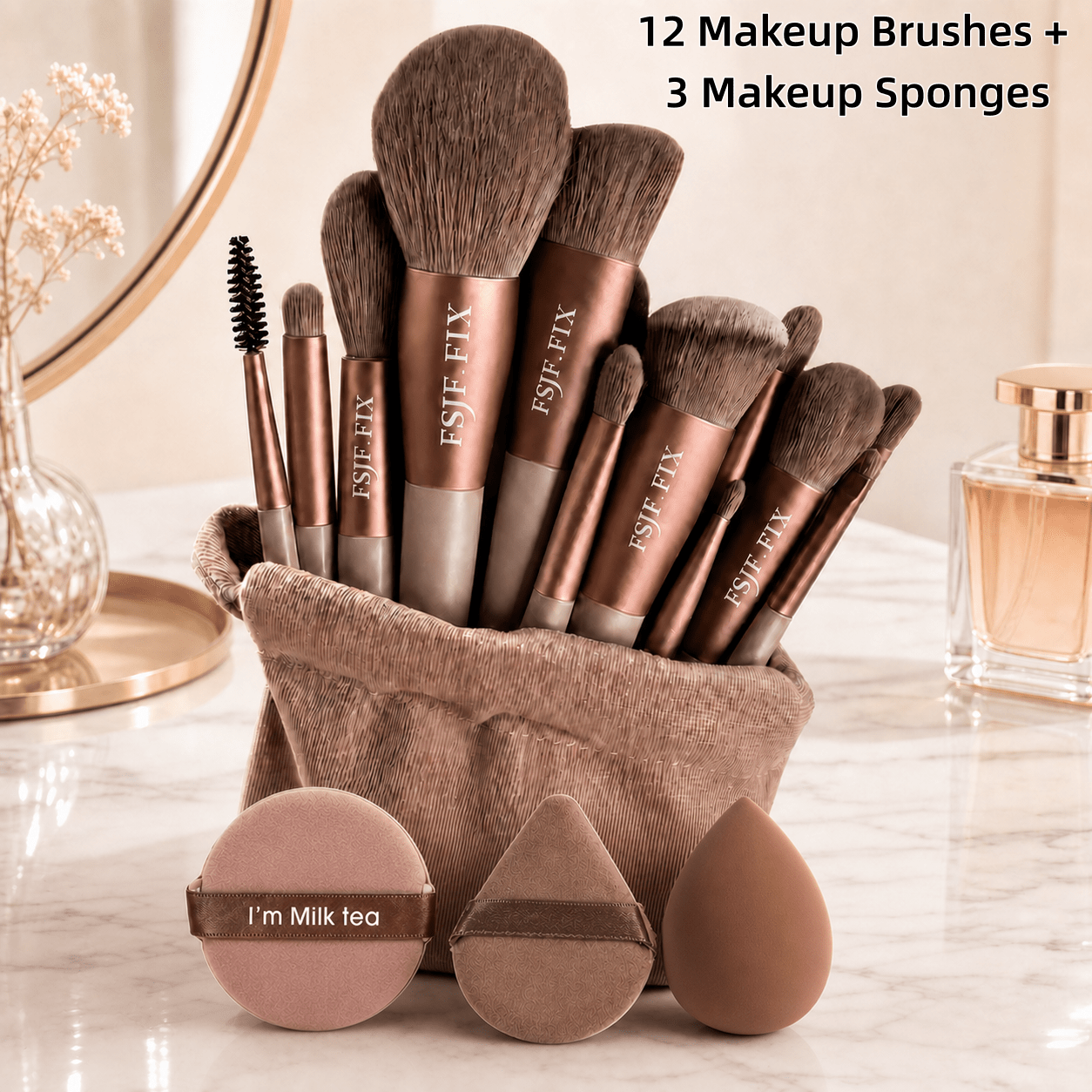 TEMU 12pcs Makeup Brush Set By Brand Fsjf Fix With Storage Pouch And 3pcs Makeup Sponge , Soft Bristles For Foundation, Eyeshadow, Blush, Contour And