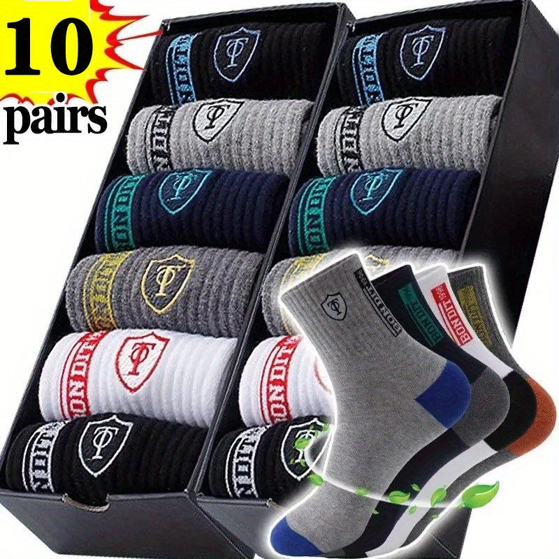 

10 Pairs Of Men's Trendy Breathable Crew Socks, Comfy Casual Soft Thermal Socks, Winter & Autumn