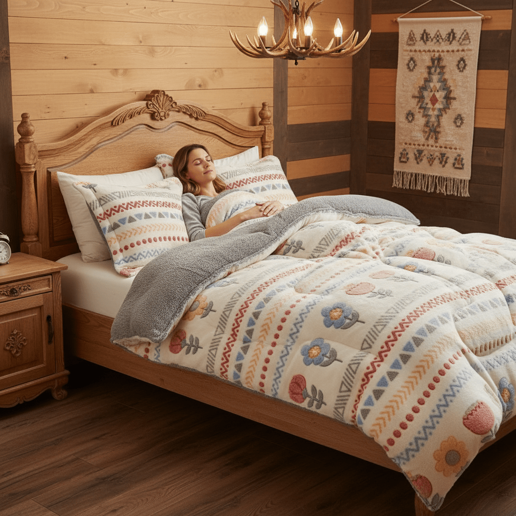 Image of Bohemian Floral Plush Comforter 135x200cm, Extra Thick Warm Snow Down Alternative Duvet For Winter Bed, For Family, In 155x220 200x200 220x240cm