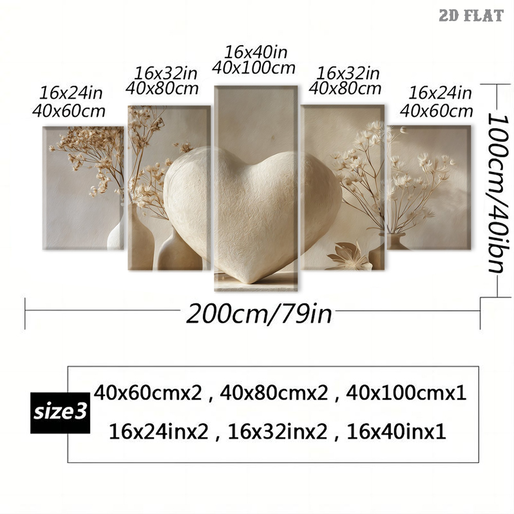 TEMU 2d Flat, 5pcs Framed Heart Shape Wall Arts, Minimalist Canvas Paintings, Wall Decor, Valentine's Prints, Modern Pictures Posters, Abstract