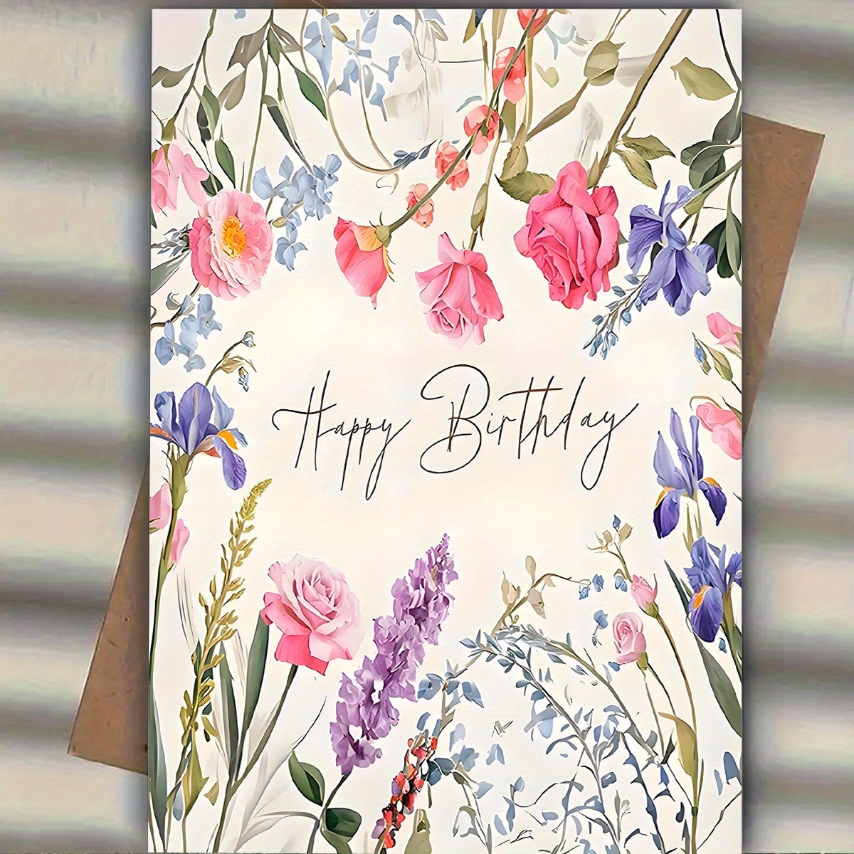 1pc Unique Floral Birthday Card, Cards, With Envelope, Birthday Gift With Bright Rose And Lavender, Delicate Pattern, Delicate Writing , Birthday Gift, Birthday Decorations (12x17cm)/(4.72x6.7in)