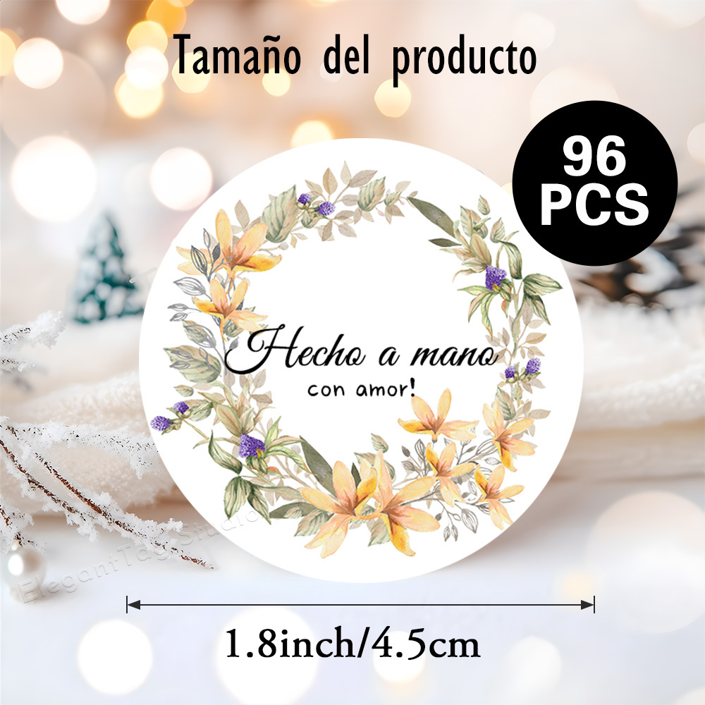 TEMU 48pcs/96pcs/144pcs Pegatinas Circulares con Corona Floral Amarilla, Hojas Verdes y Moradas, y Diseño "¡ a !", Expresando , para Tarjetas de