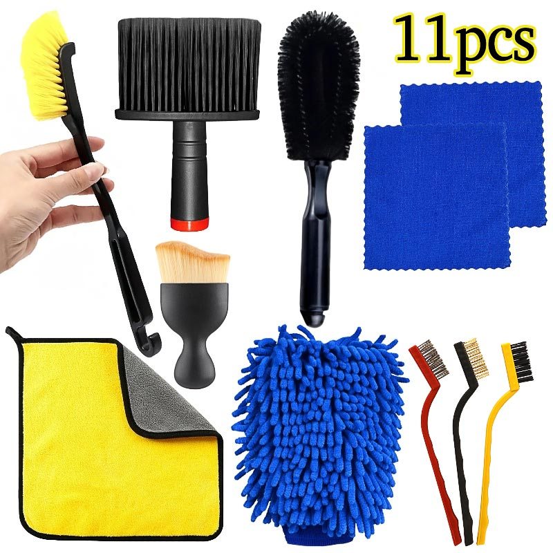 TEMU 11pcs, Car Washing Tool Combination, Wheel Cleaning Brush, Snow Washing Gloves, Wheel Cleaning Brush, Dust Removal Brush, Cleaning Towel,