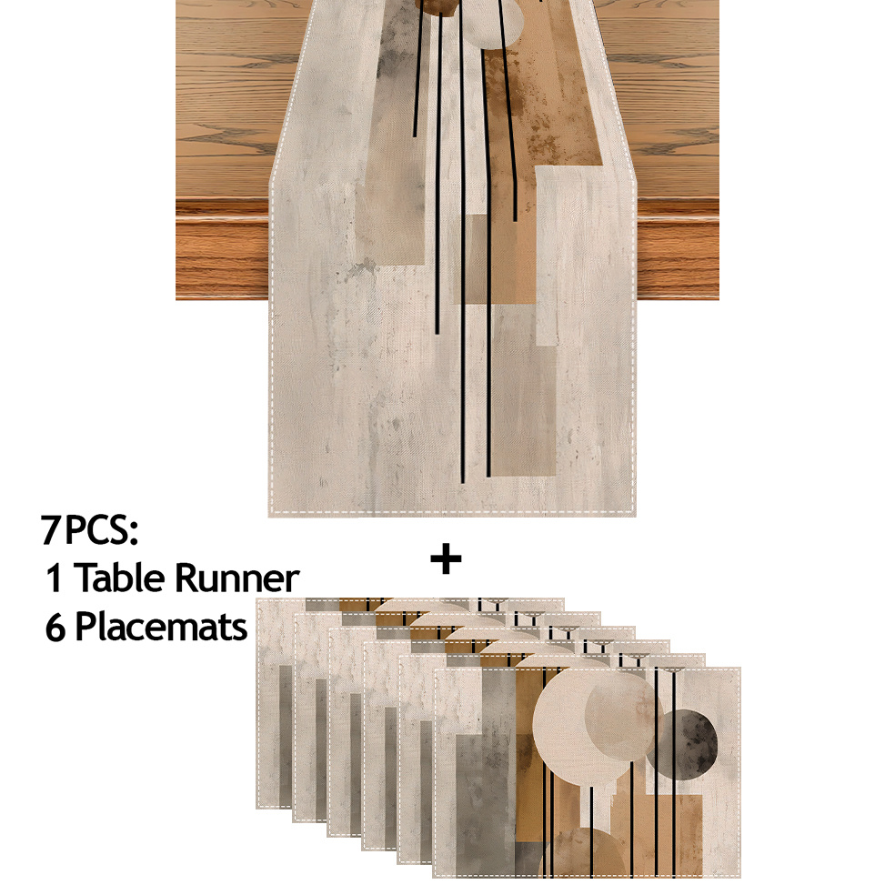TEMU 5/7pcs, Mid-century Modern Neutral Abstract Geometric Table Runner & Placemat Set, Perfect For Dining Room, Kitchen, Living Room, Cafe, Party,