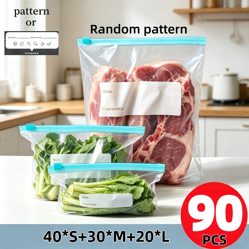 TEMU 90pcs Reusable Bag Set, Kitchen Essential Sealed Bags, 3 Sizes Of Sealed Bags, Food Classification Storage Bags, Food Preservation Sealed Bags,