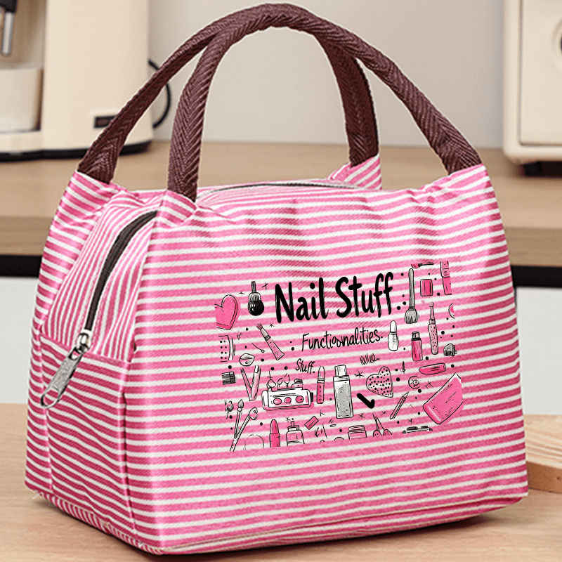 TEMU Nail Tool Line Art Print Striped Tote Bag, Women's Handbag, Organizer Portable Makeup Bag Reinforced Woven Large Capacity Zipper Closure