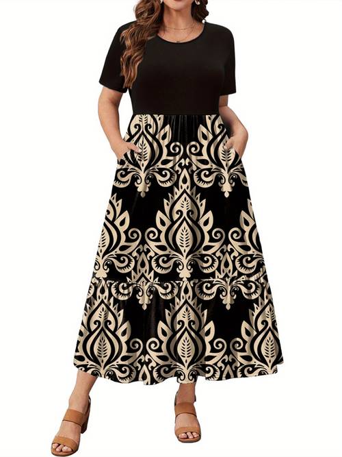womens plus size flowy maxi dress casual short sleeve loose fit with pockets solid green hem lightweight polyester blend for spring summer fall spring outdoor attire pullover dress elastane fit