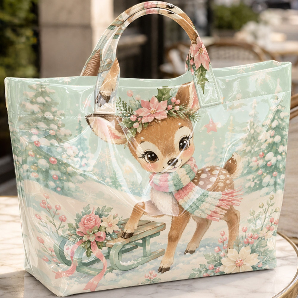 Large-capacity Casual Tote Bag Featuring A Festive Print Of Deer And Against A And White Winter Backdrop; Suitable For Summer , Beach Trips, Picnics, , And Daily .