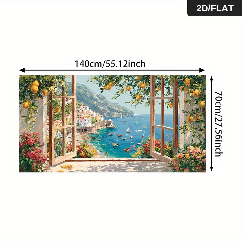 TEMU 2d Flat, 2d Flat, 2d/flat Large Modern Abstract Frameless Lemon Tree Window And Floral Canvas Wall Art - Mediterranean Coastal Painting, Vibrant