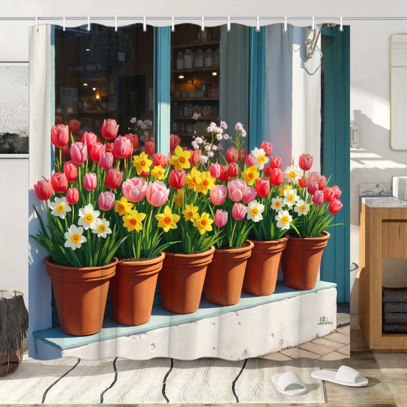 

1pc Shop Window Display Shower Curtain Terracotta Pots Tulips Pink Red White Flowers Spring Decor 12 Hooks 70x70inch, Floral Shower Curtain