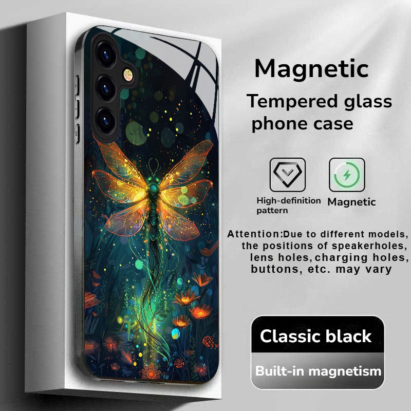 TEMU Phone Case: Fashionable High-end Phone Case With Dragonfly Pattern Magnetic Tempered Glass, Suitable For Galaxy