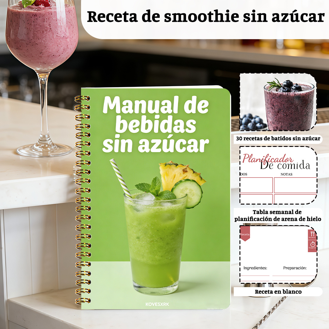 TEMU 1 de un manual de recetas de batidos sin , verde con cubierta de estilo refrescante, páginas interiores en español, en calorías, para un fácil