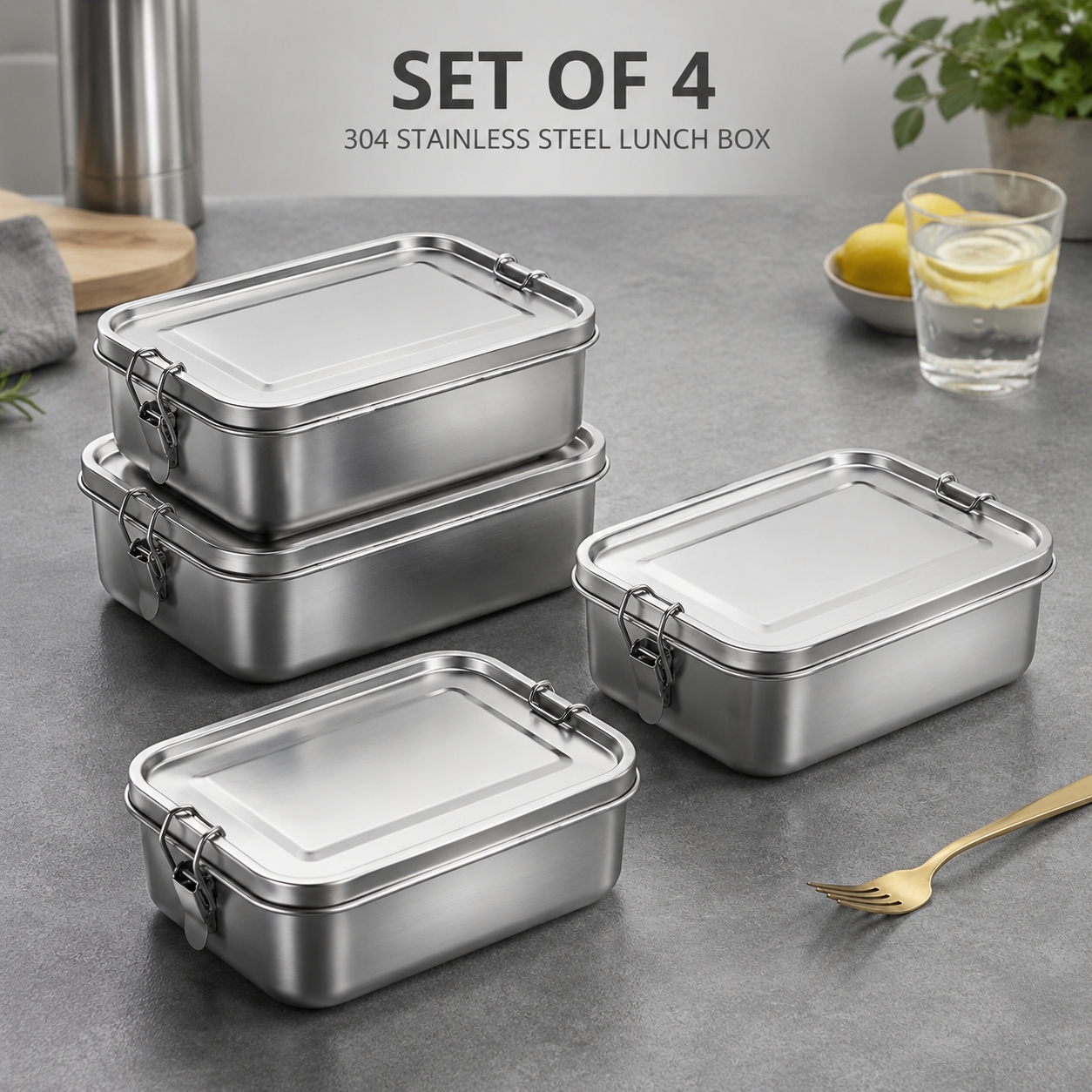 TEMU 4pcs Of 304 Food-grade Stainless Steel Lunch Boxes With Lids, Worker Lunch Boxes, Rust-proof, Solid Color, Outdoor Kitchen Supplies, Perfect