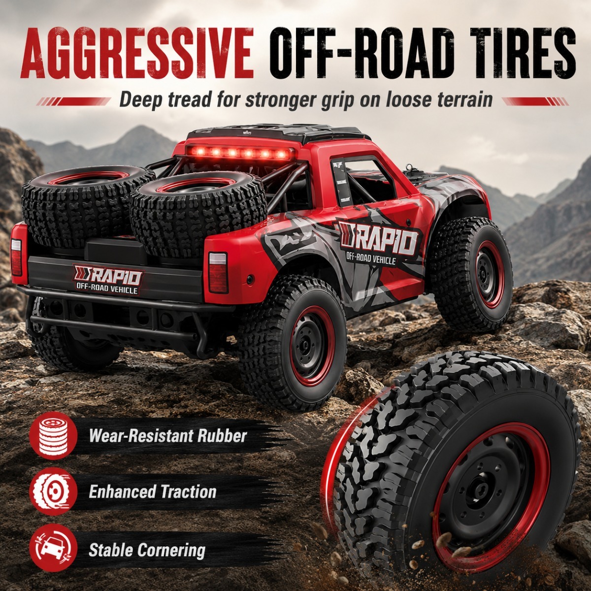 Remote Controlled Car 4WD RC Car 1/14 50 Km/H Off-Road Off-Road Vehicle 2.4 Ghz All Terrain Racing Car RC Buggy with 1 Batteries Remote Controlled Monster Truck for Toy Gift, Red