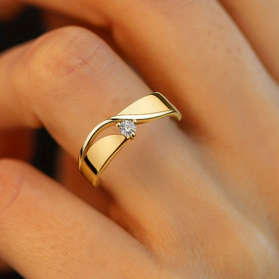 Synthetic Cubic Synthetic Zirconia KC Plated Elegant Geometric Lines Micro-Paved Ring for Women Round 1pc Copper Plated-Tone Jewelry 3-prong Setting Durable Party & Daily Wedding Engagement Fashion Accessory, Perfect for Valentine's Day Gifts