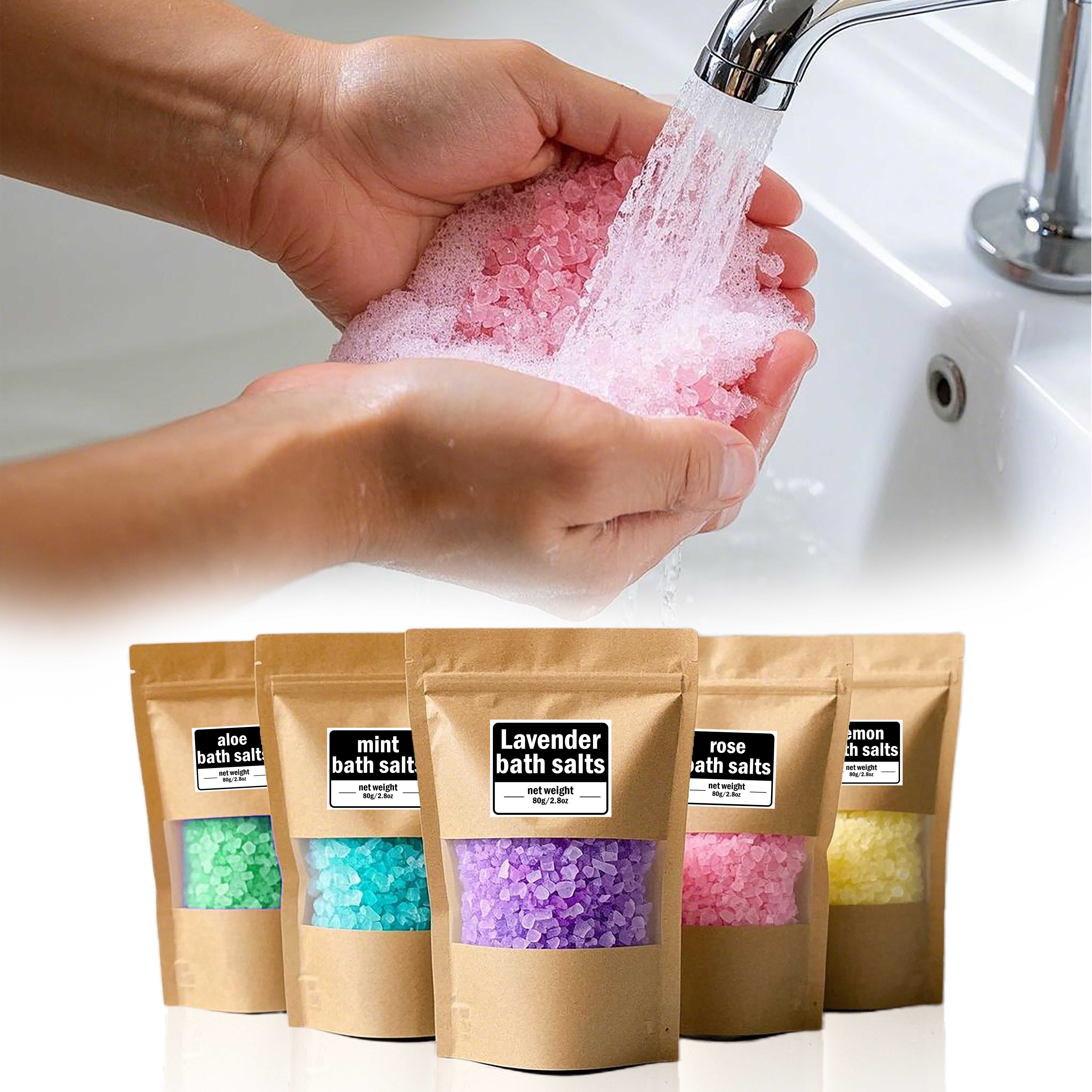 Image of 5pcs Lavender, Rose, Lemon, Mint, Aloe Vera Bath Salts - 80g/2.83oz Each Bag - Natural Essential Oil & Herbal Ingredients - Relaxing & Refreshing Bath Salts For Mom, Boyfriend