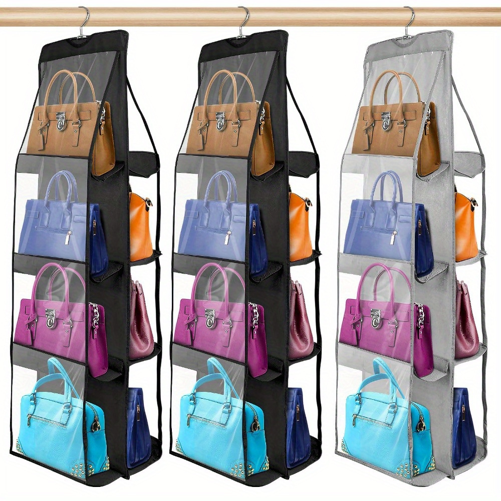 

1pc Space-saving Hanging Handbag Organizer With 6/8 Pockets - Non-woven Fabric, Gray/black, Ideal For Closet Storage, Clothes Organizer Storage