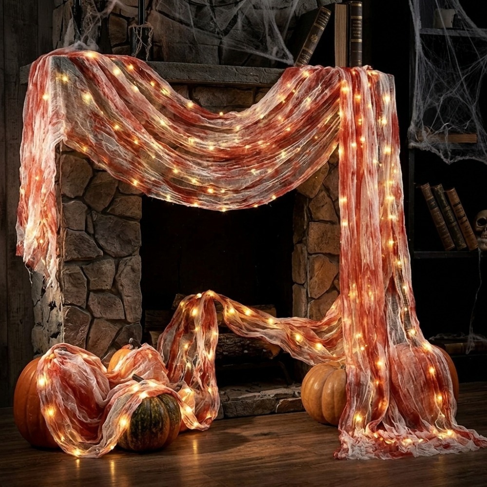 TEMU 1set Lighted Halloween Bloody Gauze Light Decoration, Lighted Holiday Displays, Trick Or Treat Themed 2.15m/84.65in-/118.11in Bloody Gauze 5m50