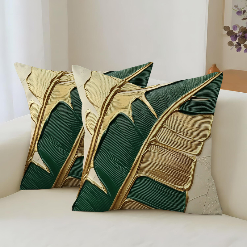 TEMU 2D Plat - 2pcs Housses de coussin décoratives imprimées en 2D dorées, avec des feuilles et des textures, parfaites pour les canapés du salon et