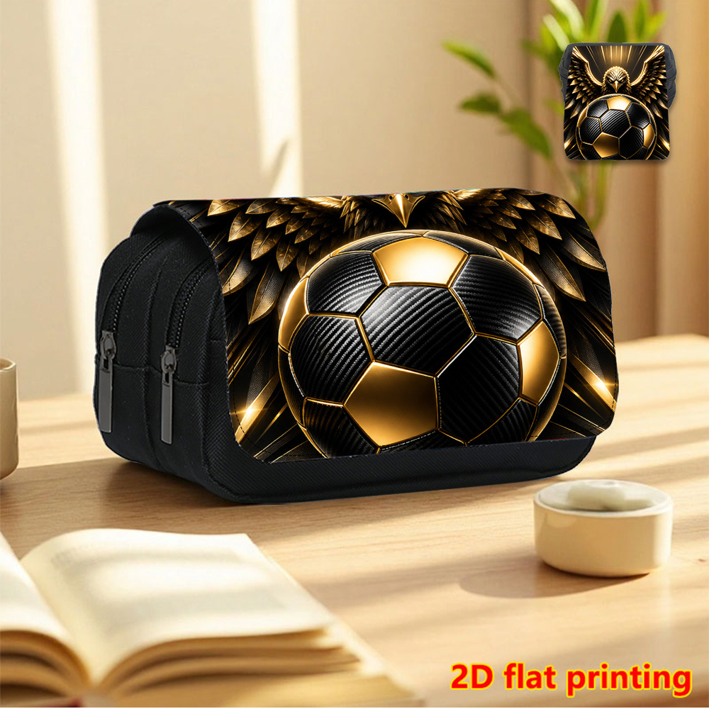 TEMU Trousse à crayons noire double couche à avec imprimé de foot aigle noir et doré - Trousse essentielle pour la rentrée scolaire, trousse de