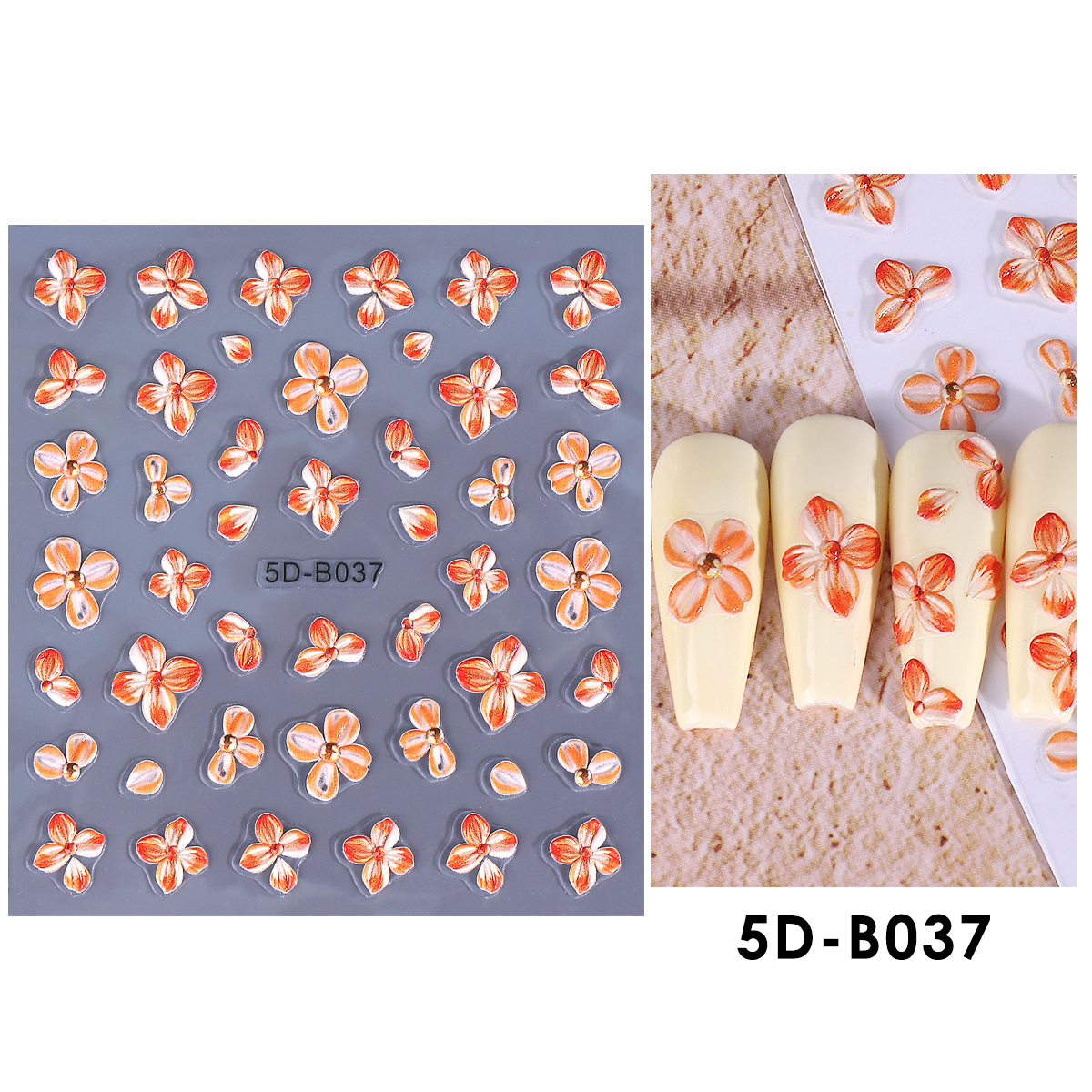 5d Orange Floral Tropical Style Foil Wraps | Elegant Petal Decor Manicure Embossed Stickers For Women And, Self, Single Use, Polypropylene Material