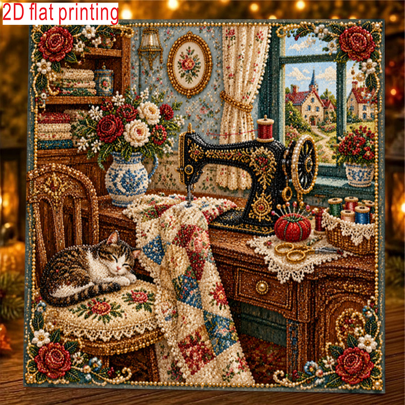 TEMU 1pc, 2d Flat Printing, Pearl Art Diamond Painting Kit Cozy Sewing Cottage Cat Sleeping On Flower Cushion Chair, Window Side Vintage Sewing