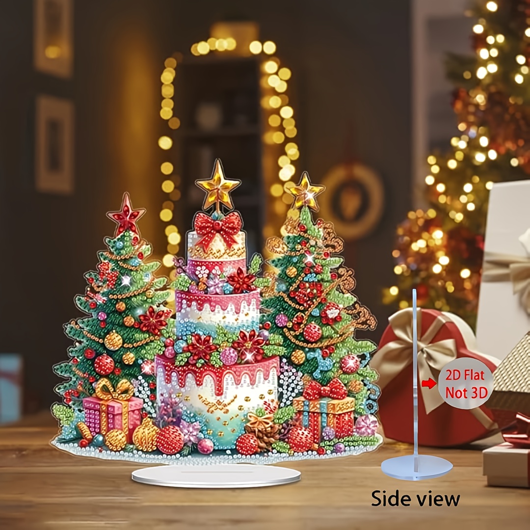 TEMU 2d Flat 1pc Acrylic Diamond Painting Kit Ornament, Christmas Tree Cake Christmas Pattern, Irregular Rhinestones And Sparkling Diamond Craft,