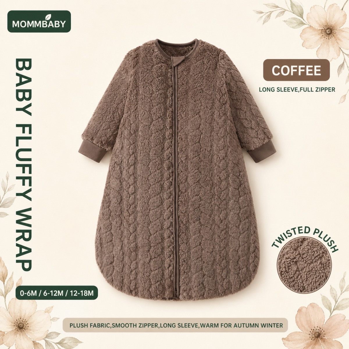 couverture bébé douce en peluche, tissu texturé café torsadé, manches longues, fermeture éclair intégrale, enveloppante pour bébé 0-6m 6-12m 12-18m vendue  