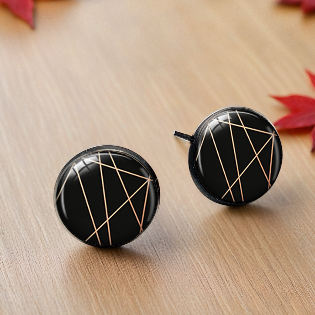 Black Background Golden Irregular Geometric Line Pattern Stud Earrings