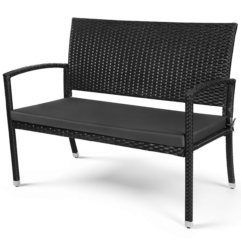 Black 2-person Garden Bench With Seat Cushion, Outdoor Patio Bench For Garden, Balcony And Terrace