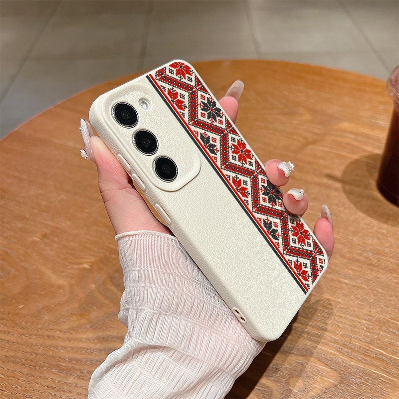 TEMU Phone Case - Retro Ethnic Floral Pattern Lychee Texture Tpu Phone Case For Galaxy