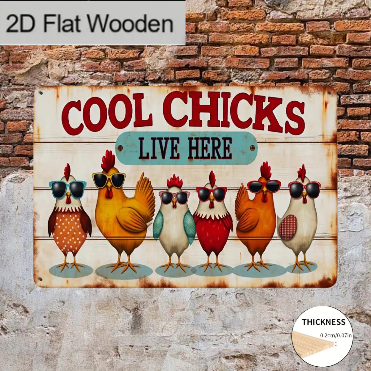 E-shop 1 Stück, Vintage "Cool Chick Lives Here" Holzschild - 7,87x5,9 Zoll Rustikale Bauernhaus-Dekoration mit Verspieltem Hühnerdesign, Geeignet für